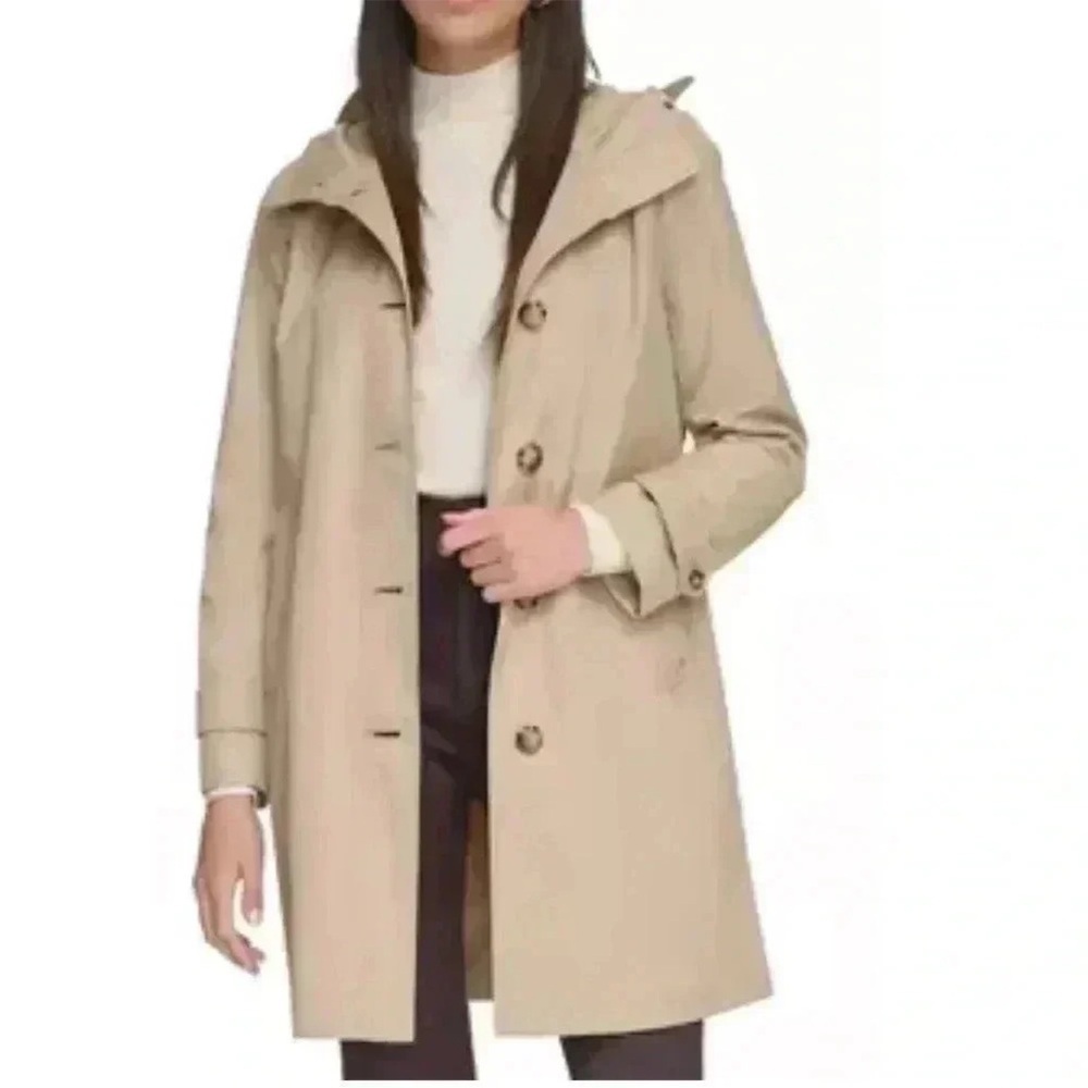 Calvin Klein Classic Water Resistant Hooded Button Down A Line Trench Rain Coat